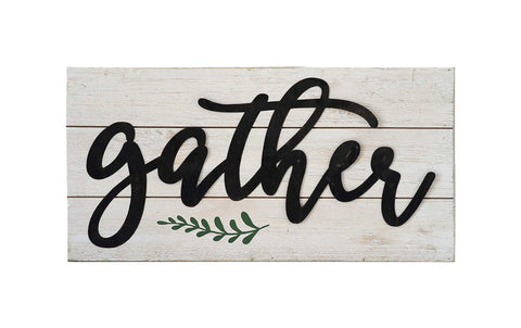 Gather Rustic Metal 3D Quote on White Wood Wall Decor Sign Plaque 23.6 x 11.8 x 1.8 Inches (Gather)