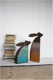 Set Of Two Rustic Metal Rabbits With Colored Detail