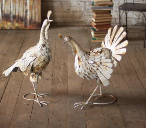 Set Of Two Antique White Metal Turkeys