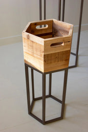 SET THREE HEXAGON RECYCLED WOOD PLANTERS ON METAL BASES