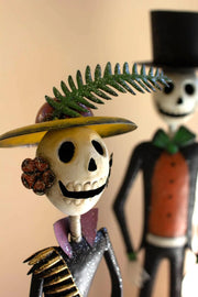 SET OF TWO PAINTED METAL HALLOWEEN DAY OF THE DEAD COUPLE