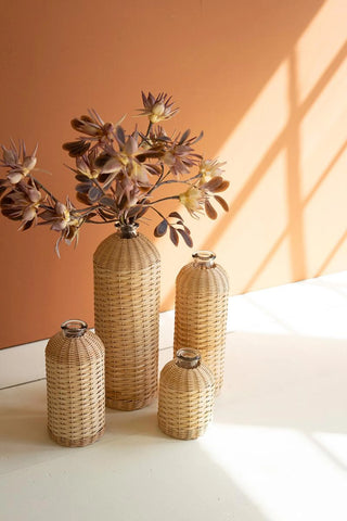5 SET OF FOUR RATTAN WRAPPED GLASS VASES