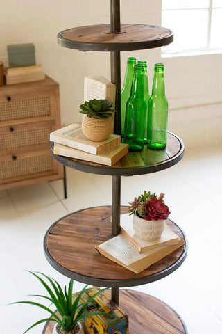FOUR TIERED RECYCLED WOOD AND METAL DISPLAY TOWER