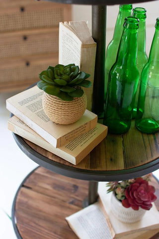 FOUR TIERED RECYCLED WOOD AND METAL DISPLAY TOWER