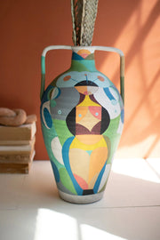 Hand-Painted Large Ceramic Multi-Colored Urn W Two Handles