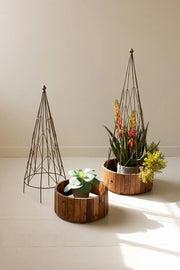 SET OF TWO METAL TOPIARIES WITH RECYCLED WOOD BASES