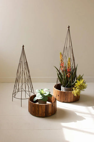 SET OF TWO METAL TOPIARIES WITH RECYCLED WOOD BASES