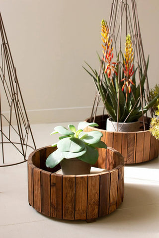 SET OF TWO METAL TOPIARIES WITH RECYCLED WOOD BASES