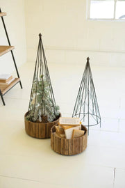 SET OF TWO METAL TOPIARIES WITH RECYCLED WOOD BASES