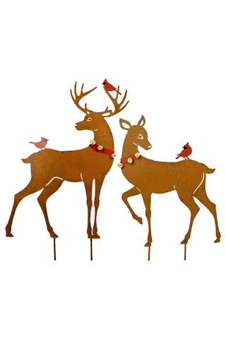 SET OF TWO RUSTIC REINDEER YARD ART WITH RED BIRDS