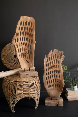 CARVED TEAK WOOD SCUPLTURE ON A BASE - PERFORATED