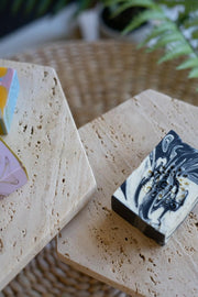 SET OF TWO TRAVERTINE DISPLAY PEDESTALS W MANGO WOOD BASES