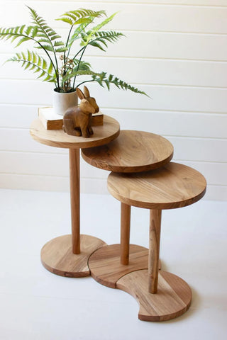 SET OF THREE ACACIA WOOD ROUND SIDE TABLES