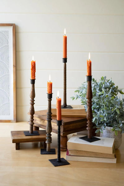 1 SET 5 RE-PURPOSED WOOD SPINDLE TAPER CANDLE STANDS - ASST