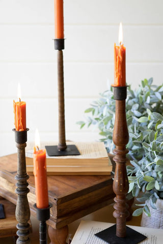 4 SET 5 RE-PURPOSED WOOD SPINDLE TAPER CANDLE STANDS - ASST