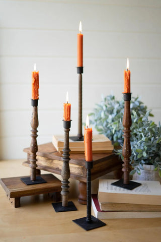 5 SET 5 RE-PURPOSED WOOD SPINDLE TAPER CANDLE STANDS - ASST