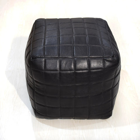 Geometric Handmade Goat Leather Square Pouf (Recycled Cotton Fill)