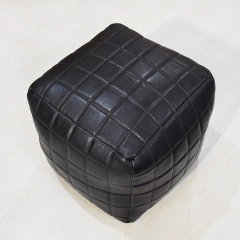 Geometric Handmade Goat Leather Square Pouf (Recycled Cotton Fill)