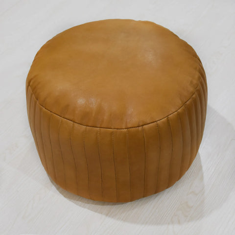 Solid Handmade Goat Leather Round Pouf (Recycled Cotton Fill)