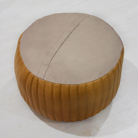 Solid Handmade Goat Leather Round Pouf (Recycled Cotton Fill)