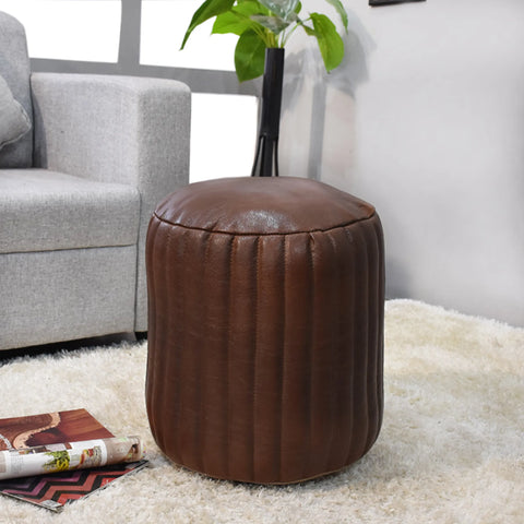 Solid Handmade Goat Leather Round Pouf (Recycled Cotton Fill)