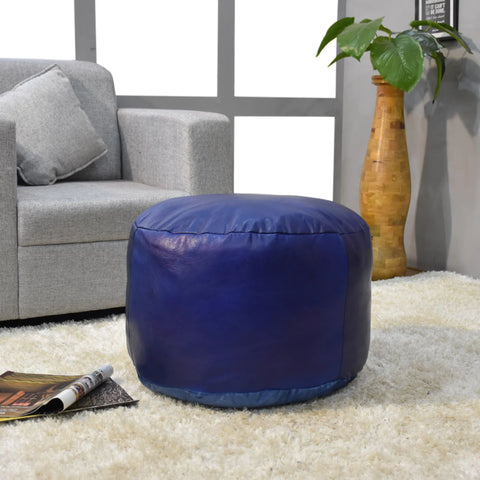 Solid Handmade Goat Leather Round Pouf (Recycled Cotton Fill)