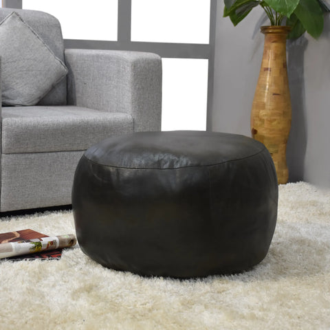 Solid Handmade Goat Leather Round Pouf (Recycled Cotton Fill)