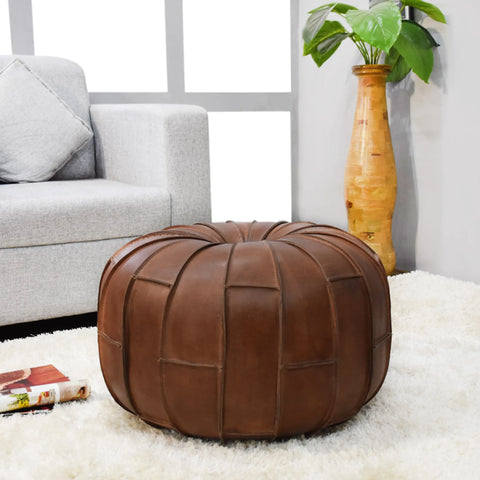 Solid Handmade Buffalo Leather Round Pouf (Recycled Foam with Fibre Fill)