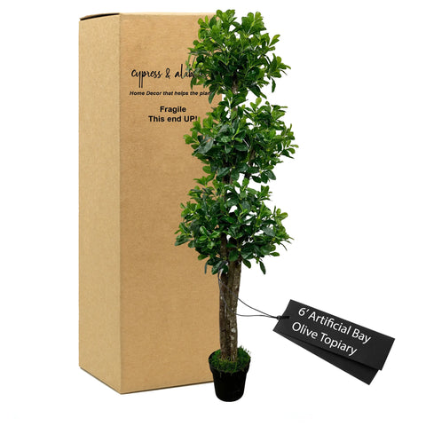 6' Artificial Bay Olive Triple Topiary Tree In Home Basics Plastic Pot