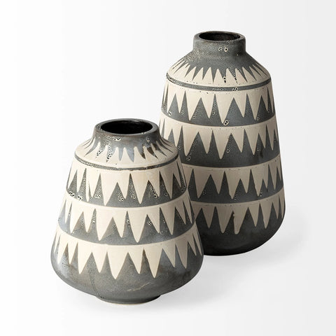 45 10" Gray and Ivory Triangle Pattern Ceramic Vase