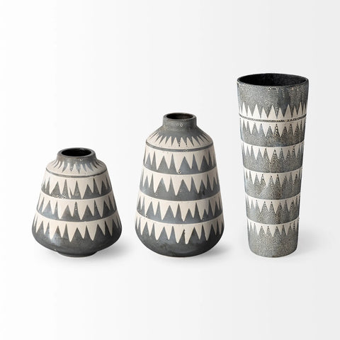 76 10" Gray and Ivory Triangle Pattern Ceramic Vase