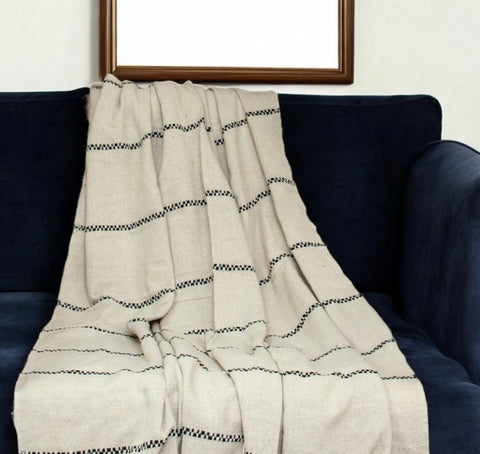 112  Beige and Black Woven Cotton Striped Throw Blanket