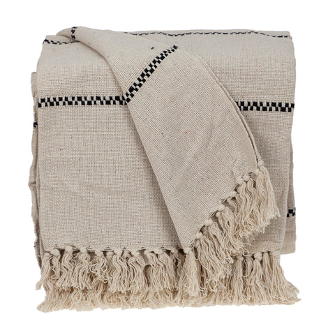 333  Beige and Black Woven Cotton Striped Throw Blanket