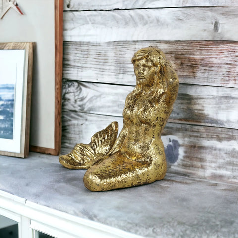 22 Antiqued Brass Cast Iron Mermaid Hand Painted Statue