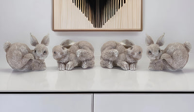 1 Set Of Four 4" Gray and Brown Polyresin Rabbit Figurine