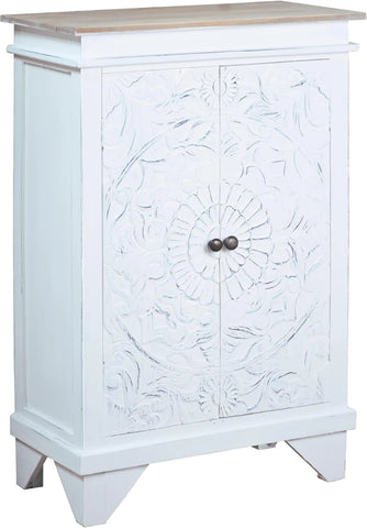 Sunset Trading Cottage Carved Accent Cabinet | Distressed White/Driftwood Brown Solid Wood | Fully Assembled Hall Table