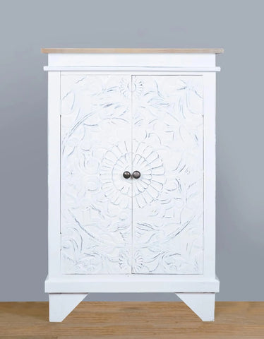 Sunset Trading Cottage Carved Accent Cabinet | Distressed White/Driftwood Brown Solid Wood | Fully Assembled Hall Table