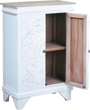 Sunset Trading Cottage Carved Accent Cabinet | Distressed White/Driftwood Brown Solid Wood | Fully Assembled Hall Table