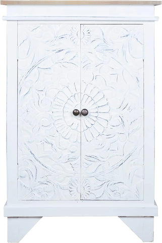 Sunset Trading Cottage Carved Accent Cabinet | Distressed White/Driftwood Brown Solid Wood | Fully Assembled Hall Table