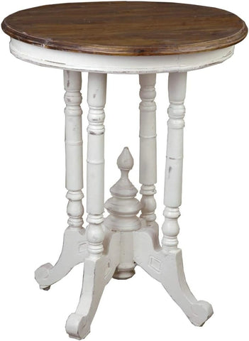 Sunset Trading Cottage Round Accent End Table | Distressed White/Raftwood Brown Solid Wood | Fully Assembled