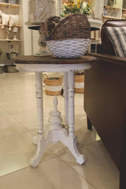 Sunset Trading Cottage Round Accent End Table | Distressed White/Raftwood Brown Solid Wood | Fully Assembled