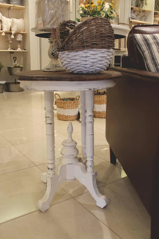 Sunset Trading Cottage Round Accent End Table | Distressed White/Raftwood Brown Solid Wood | Fully Assembled