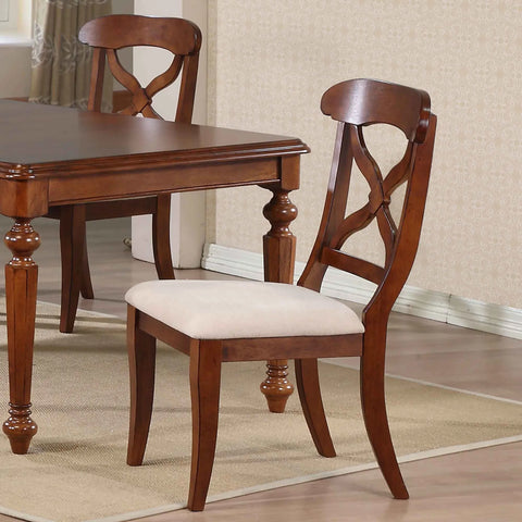 Sunset Trading Andrews Cross Back Upholstered Dining Side Chair | Chestnut Brown Solid Wood | Set of 2