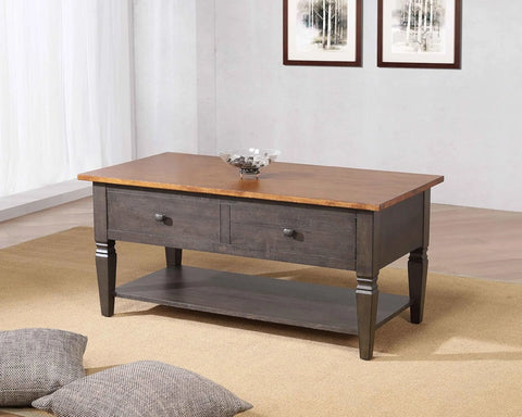 Sunset Trading Dakota 22x44 Rectangular Coffee Table with Drawers and Storage Shelf | Living Room Office Bedroom Cocktail Furniture | Distressed Brown and Ash Gray Solid Wood