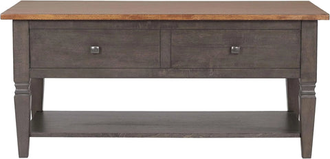 Sunset Trading Dakota 22x44 Rectangular Coffee Table with Drawers and Storage Shelf | Living Room Office Bedroom Cocktail Furniture | Distressed Brown and Ash Gray Solid Wood