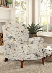 Sunset Trading Bird Script Pushback Recliner | Manual Reclining Chair | Aviary Patterned Upholstered Living Room Bedroom Reading Home Office | Ivory/Brown/Gray