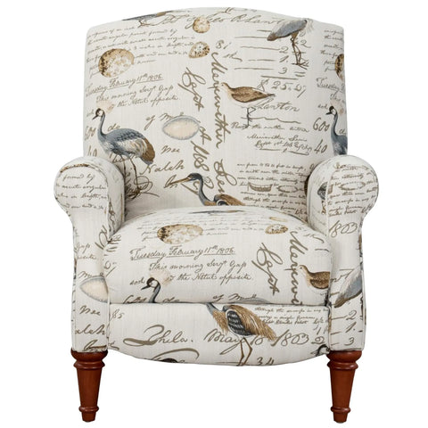 Sunset Trading Bird Script Pushback Recliner | Manual Reclining Chair | Aviary Patterned Upholstered Living Room Bedroom Reading Home Office | Ivory/Brown/Gray