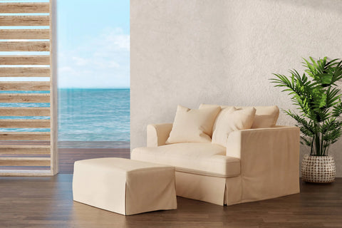 Sunset Trading Newport Slipcovered 44" Wide Ottoman | Performance Fabric Washable Water-Resistant Stain-Proof | Tan