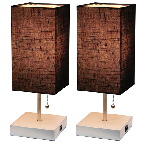 Simple Designs Petite White Stick Lamp with USB Charging Port and Fabric Shade 2 Pack Set