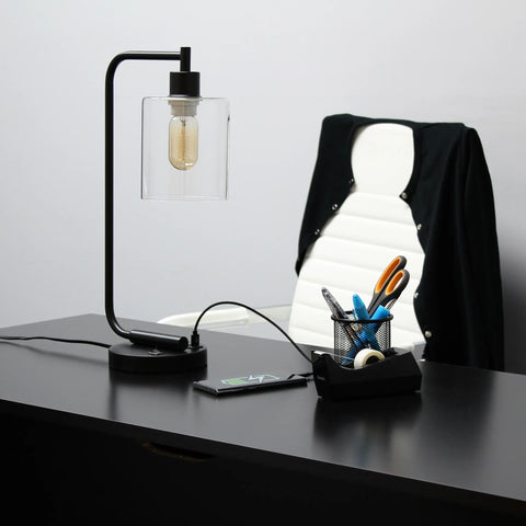 Lalia Home Modern Iron Desk Lamp with USB Port and Glass Shade